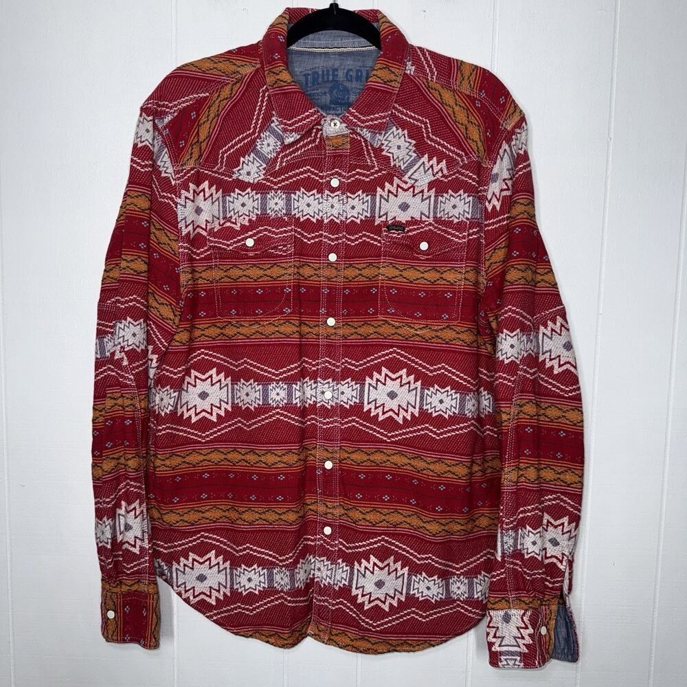 True Grit Men’s Southwestern Aztec Pearl Snap Shirt Long Sleeve Red Size Large